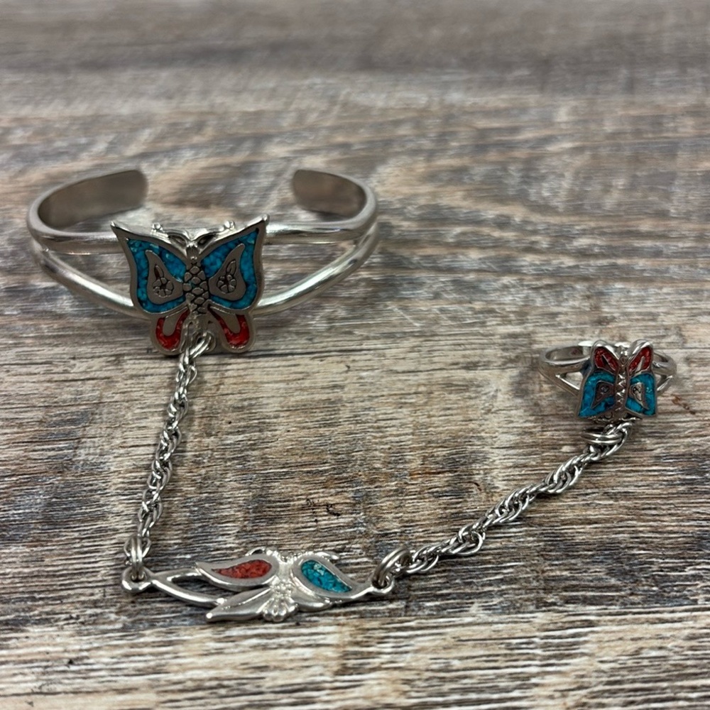 Vintage Butterfly Slave Ring Bracelet  Southwestern Turquoise Statement Jewelry